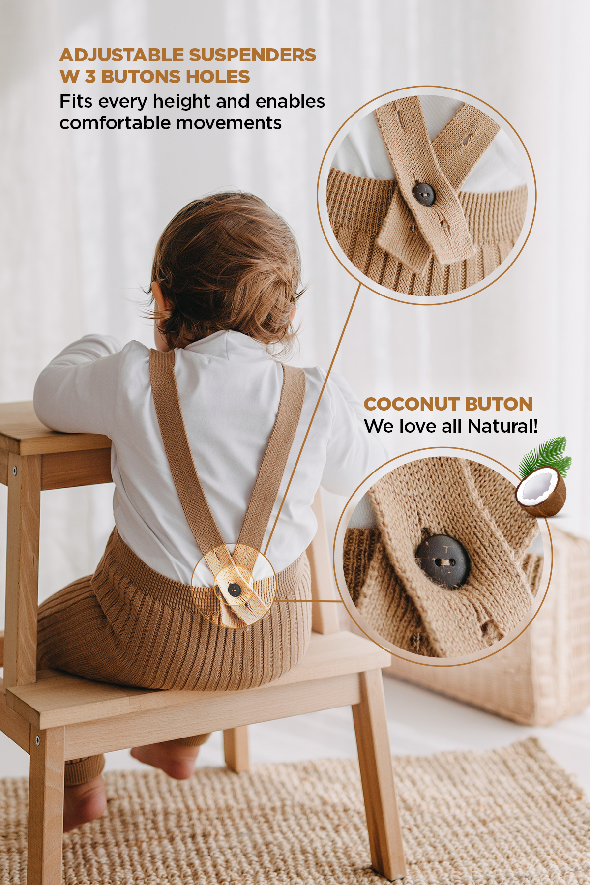 Organic Knitted Baby Tight with Suspenders Cappucino