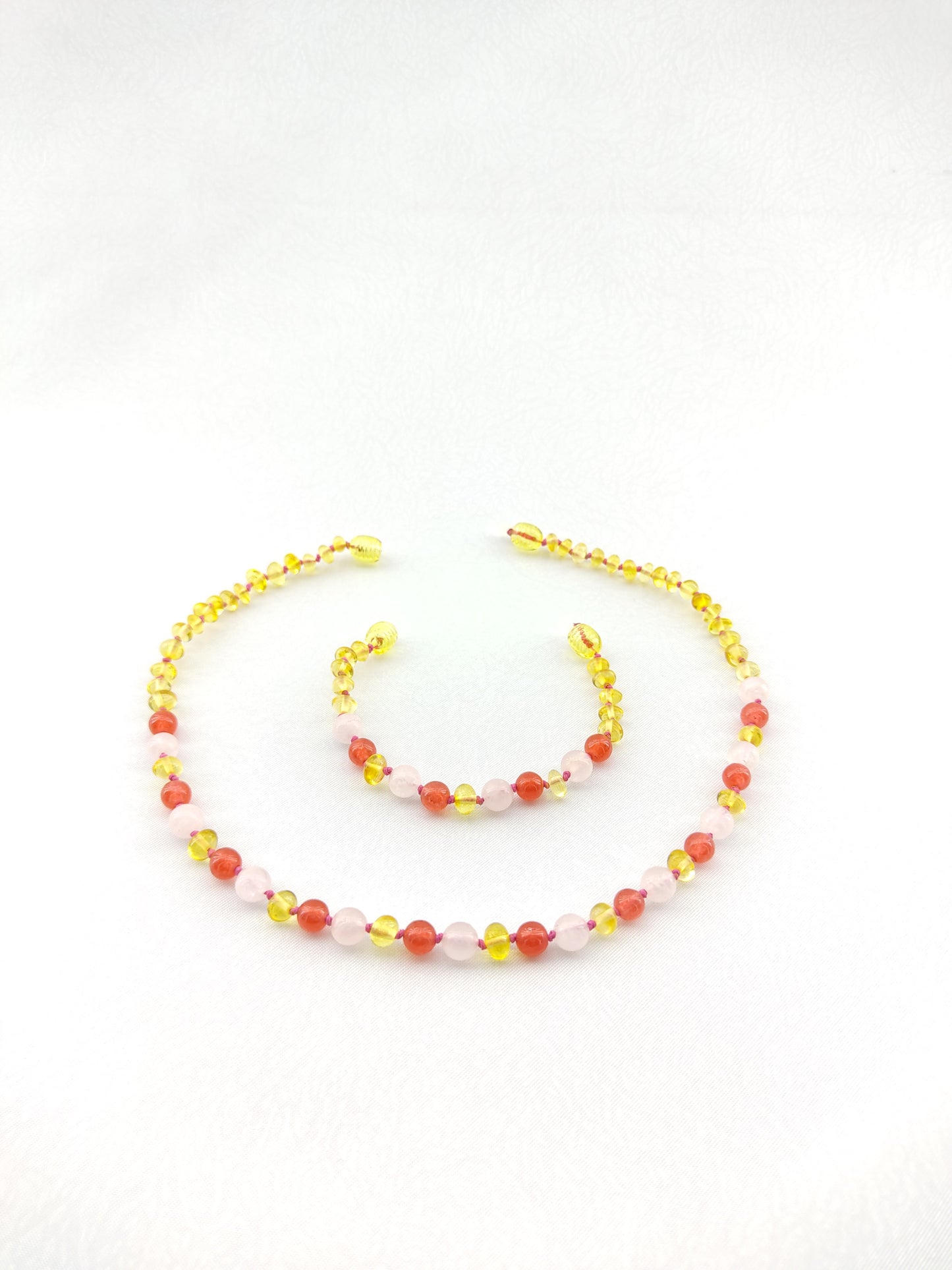 Lemon Baltic Amber , Rose Quartz and Ceyd Necklace and Bracelet sets